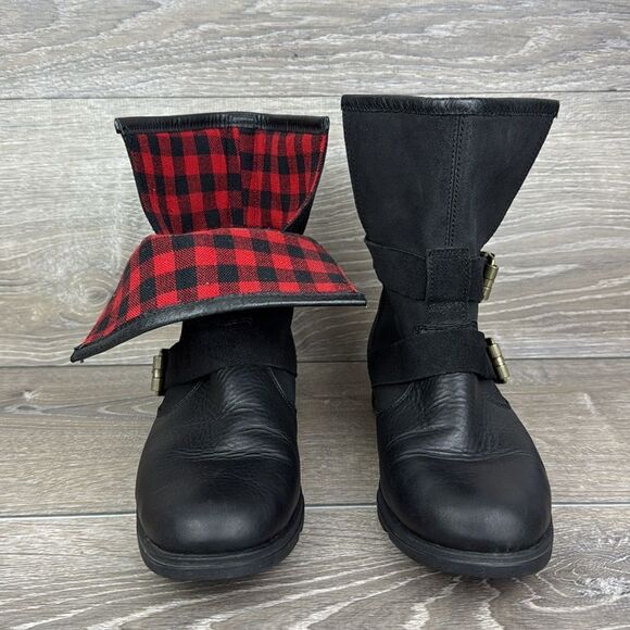 Sorel Major Moto Black Leather Women’s Sz 8 Waterproof Red Plaid Fold-Over Boots - Picture 12 of 14